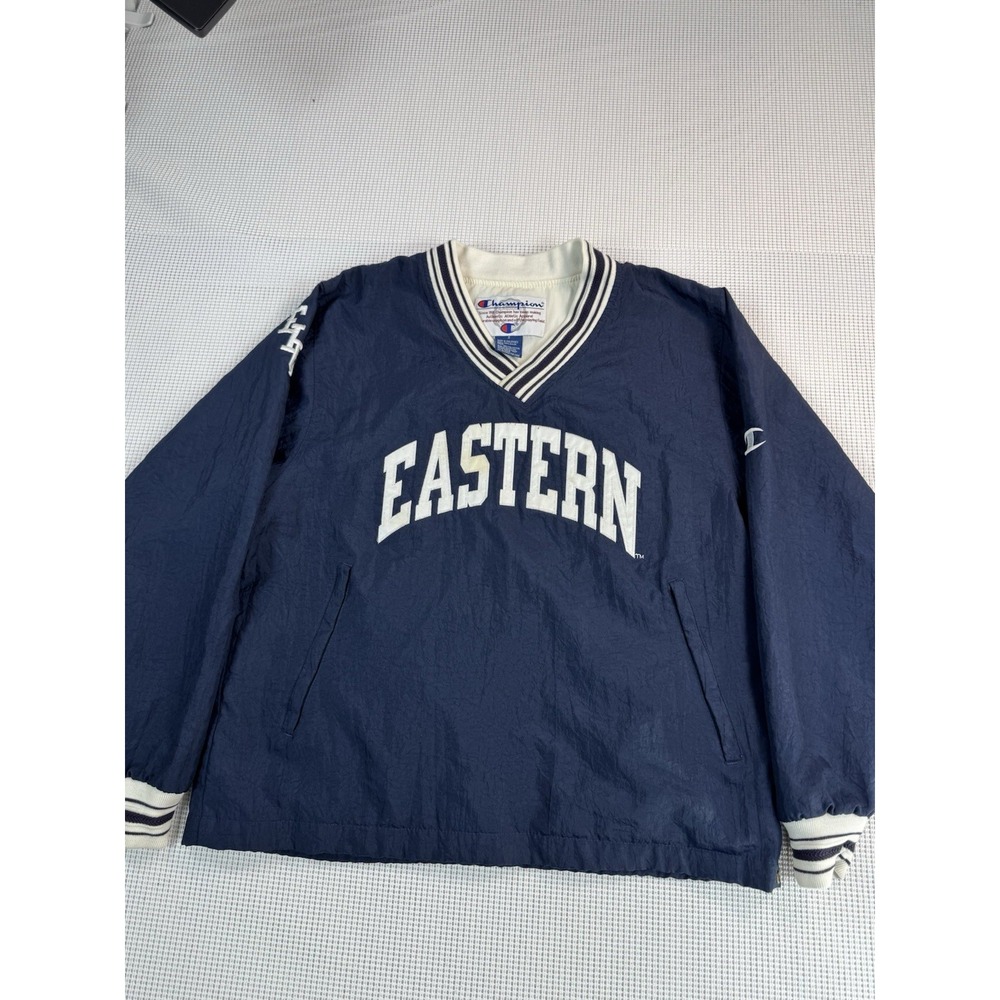 (668) Vintage Champion Eastern Pullover Jacket Nylon V Neck Spellout S Blue